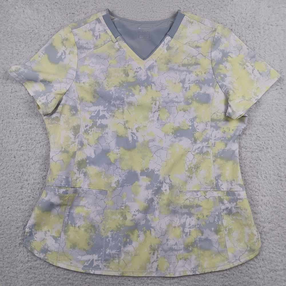Infinity Scrub Top V-Neck Women L Yellow Grey Abstract Marble CK634